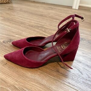 Vince Camuto Burgundy Suede Pointed Ankle-Strap Block Heels